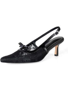 Women's Mesh Black Kitten Heels with Bow Pointed Close Toe Pumps Dress Party